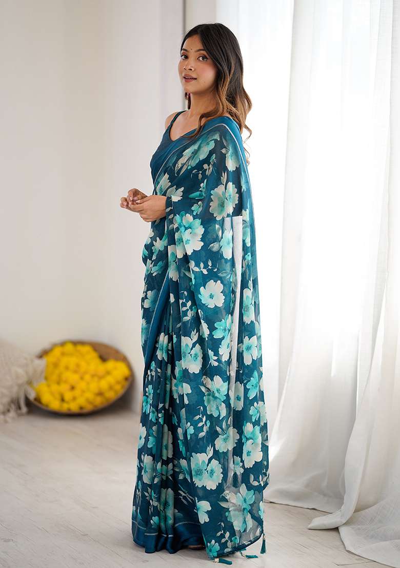Morpeach Printed Satin Saree Set for Diwali and Festive Wear - Indya