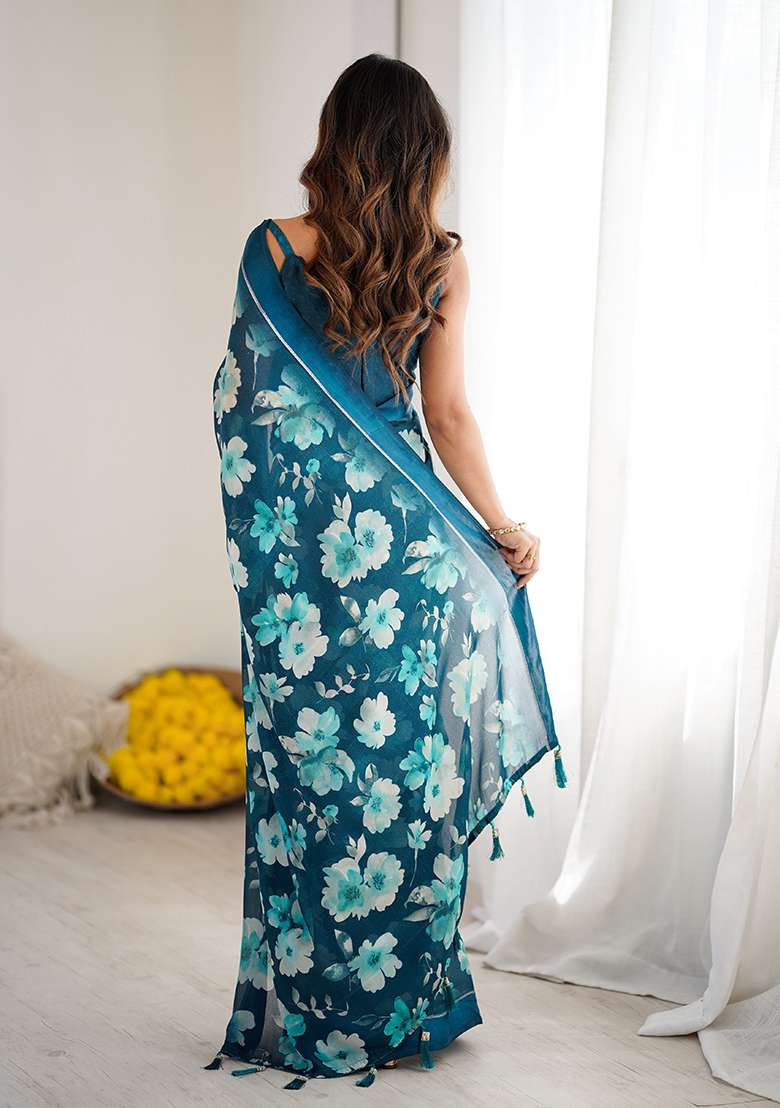Morpeach Printed Satin Saree Set for Diwali and Festive Wear - Indya