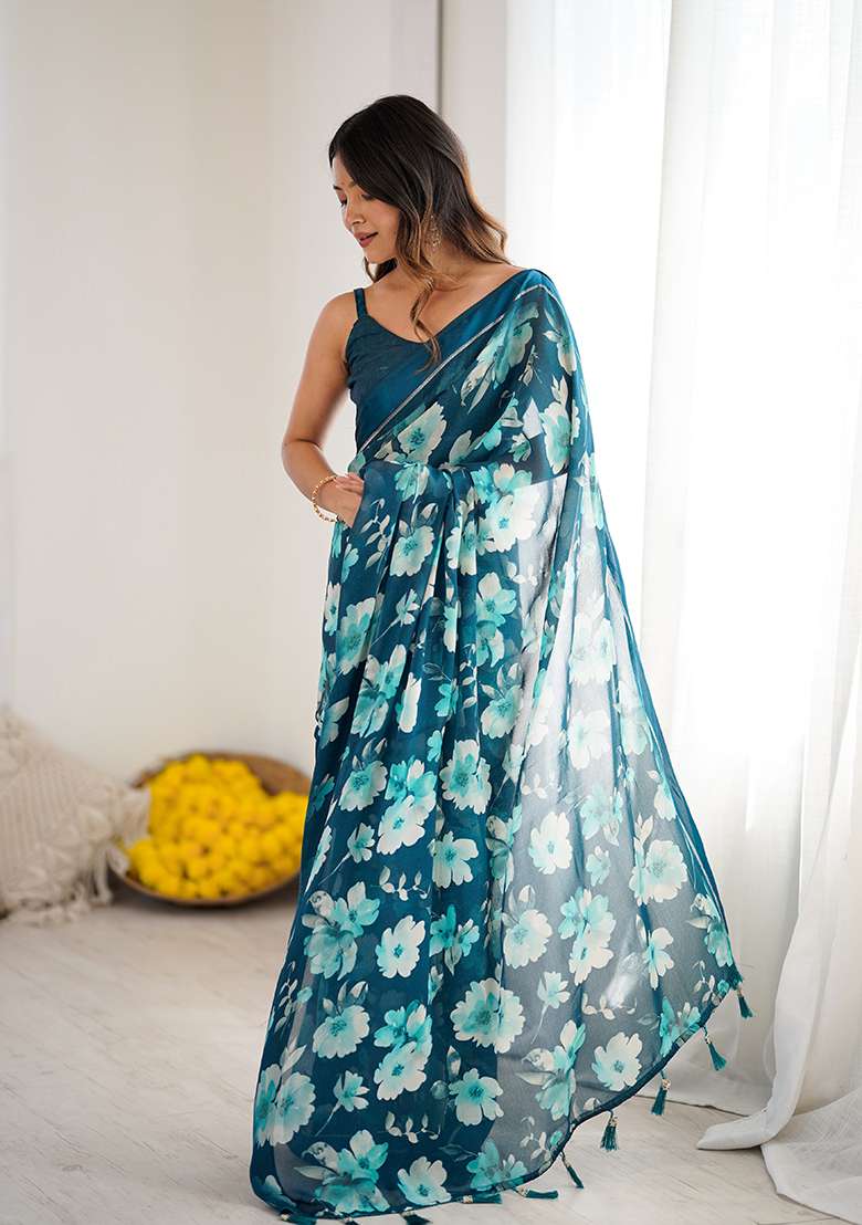 Morpeach Printed Satin Saree Set for Diwali and Festive Wear - Indya