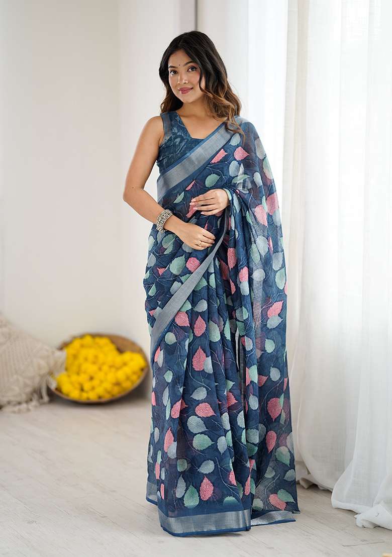 Dark Blue Printed Linen Saree Set for Diwali and Festive Wear - Indya