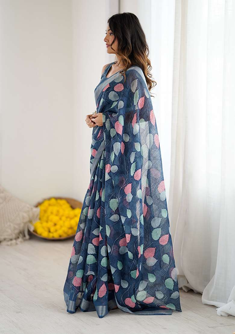 Dark Blue Printed Linen Saree Set for Diwali and Festive Wear - Indya