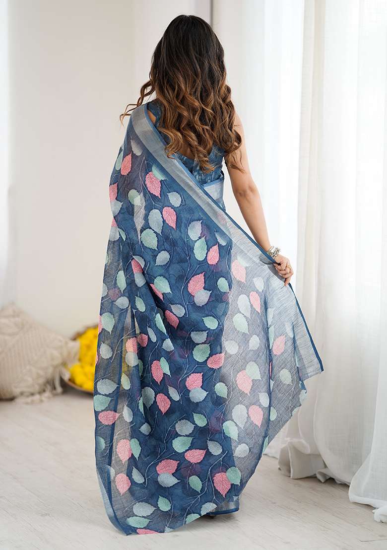 Dark Blue Printed Linen Saree Set for Diwali and Festive Wear - Indya