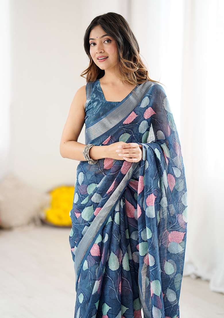 Dark Blue Printed Linen Saree Set for Diwali and Festive Wear - Indya