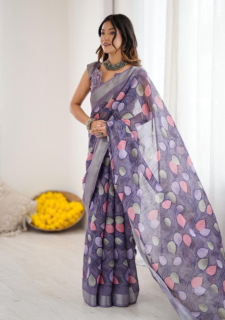 Lavender Printed Linen Saree Set