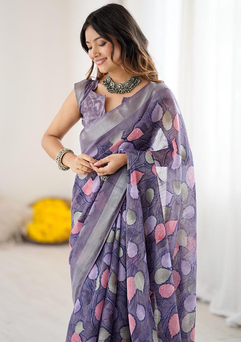 Lavender Printed Linen Saree Set