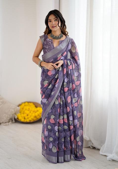 Lavender Printed Linen Saree Set