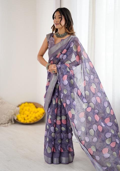 Lavender Printed Linen Saree Set