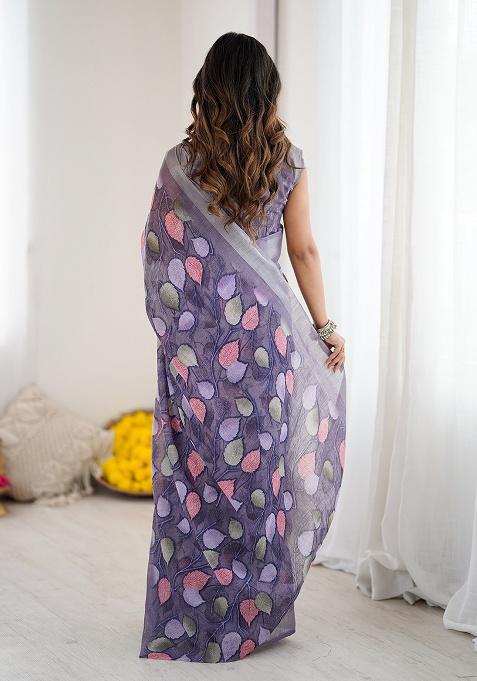 Lavender Printed Linen Saree Set