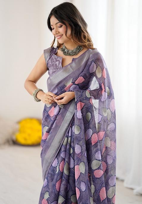 Lavender Printed Linen Saree Set