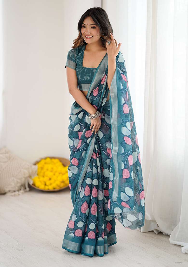Morpeach Linen Saree Set with Printed for Diwali | Wedding & Festive Wear - Indya