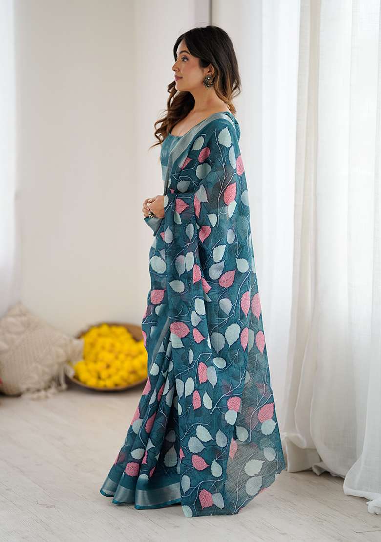 Morpeach Linen Saree Set with Printed for Diwali | Wedding & Festive Wear - Indya