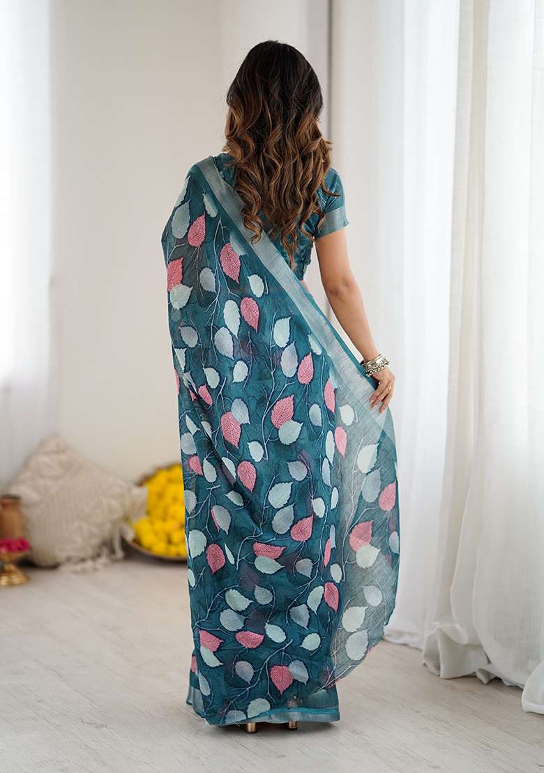 Morpeach Linen Saree Set with Printed for Diwali | Wedding & Festive Wear - Indya