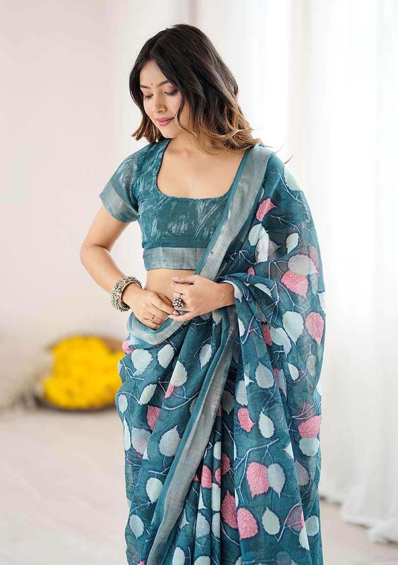 Morpeach Linen Saree Set with Printed for Diwali | Wedding & Festive Wear - Indya
