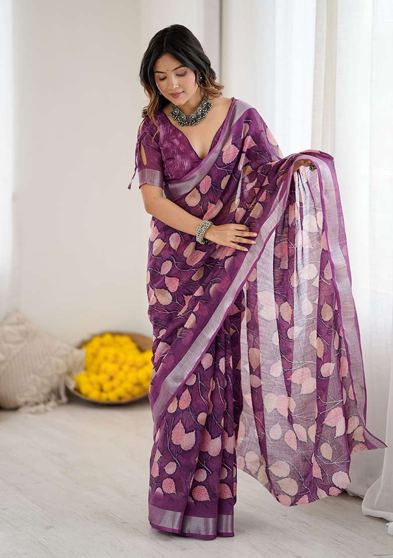 Purple Linen Saree Set with Printed for Diwali | Wedding & Festive Wear - Indya