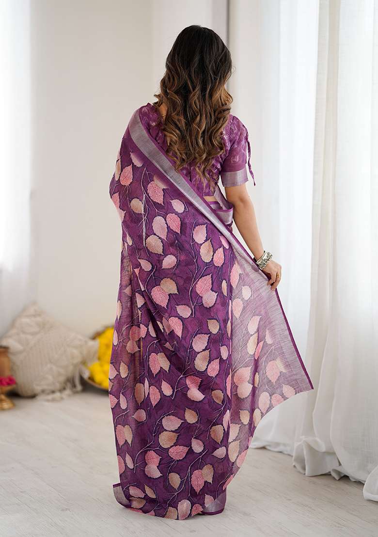 Purple Linen Saree Set with Printed for Diwali | Wedding & Festive Wear - Indya