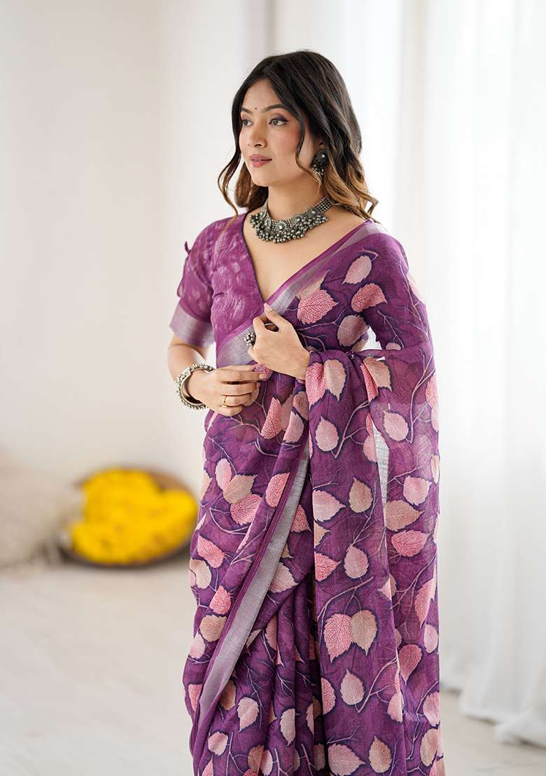 Purple Linen Saree Set with Printed for Diwali | Wedding & Festive Wear - Indya