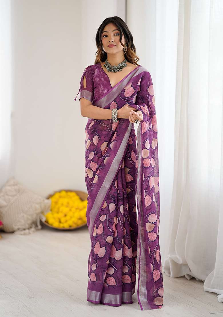 Purple Linen Saree Set with Printed for Diwali | Wedding & Festive Wear - Indya