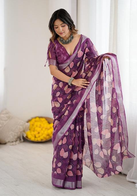 Purple Printed Linen Saree Set