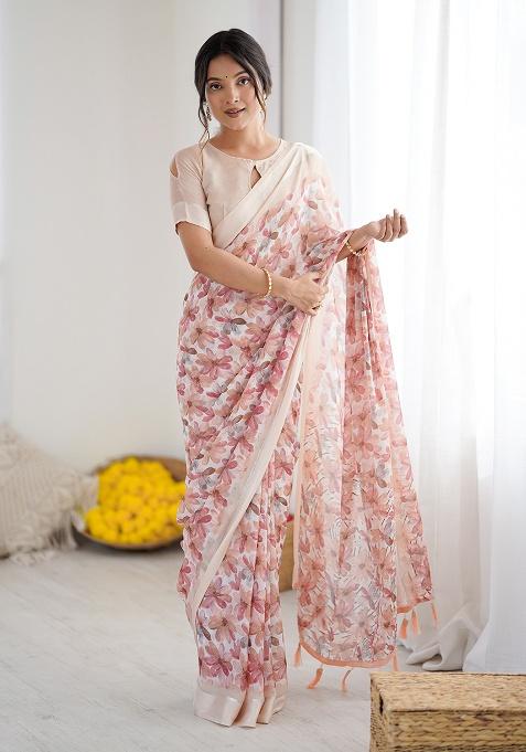 Peach Printed Satin Saree Set