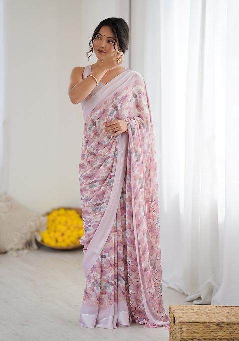Pink Printed Satin Saree Set