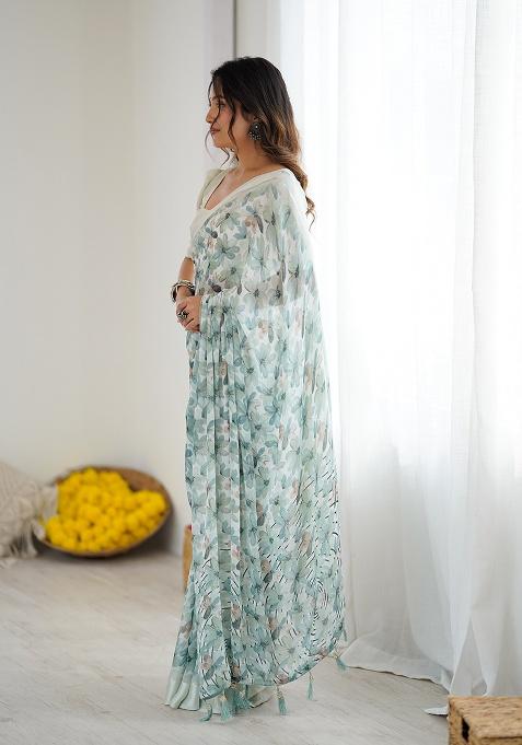 See Green Printed Satin Saree Set