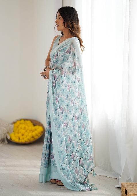 Sky Blue Printed Satin Saree Set