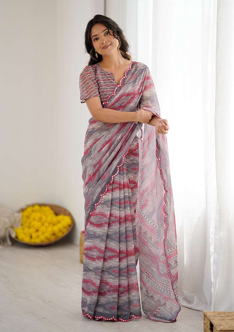 Grey Embroidery Silk Blend Saree Set for Diwali and Festive Wear - Indya