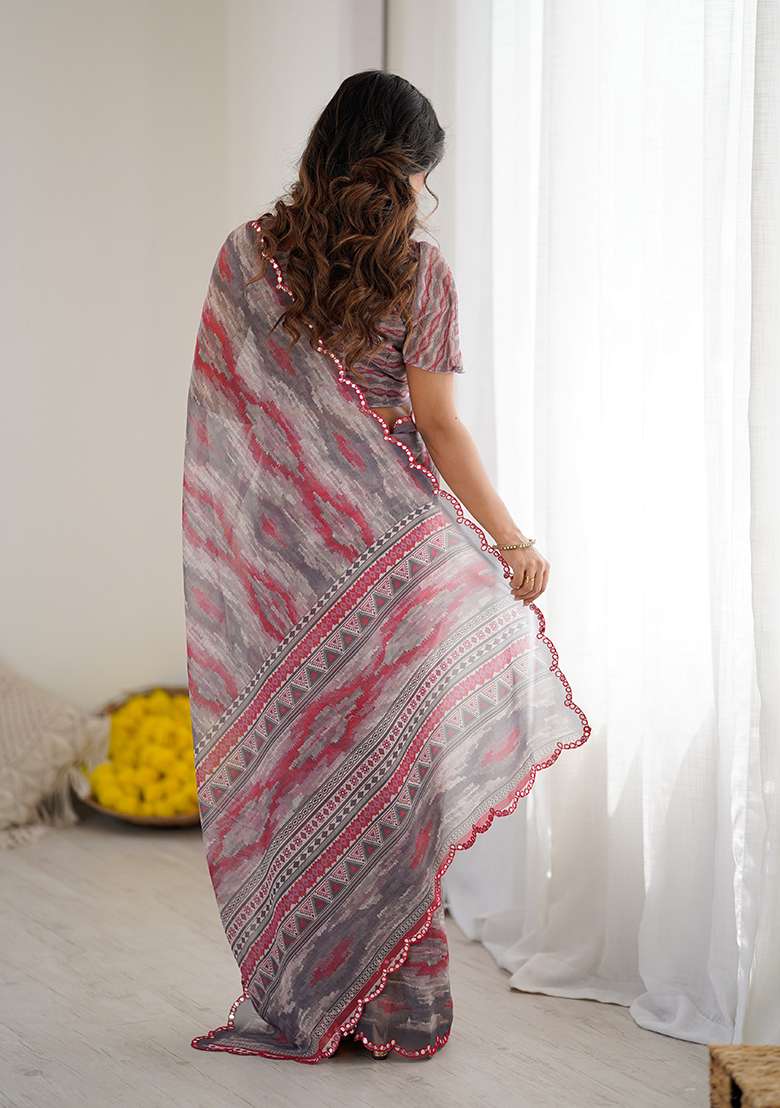 Grey Embroidery Silk Blend Saree Set for Diwali and Festive Wear - Indya