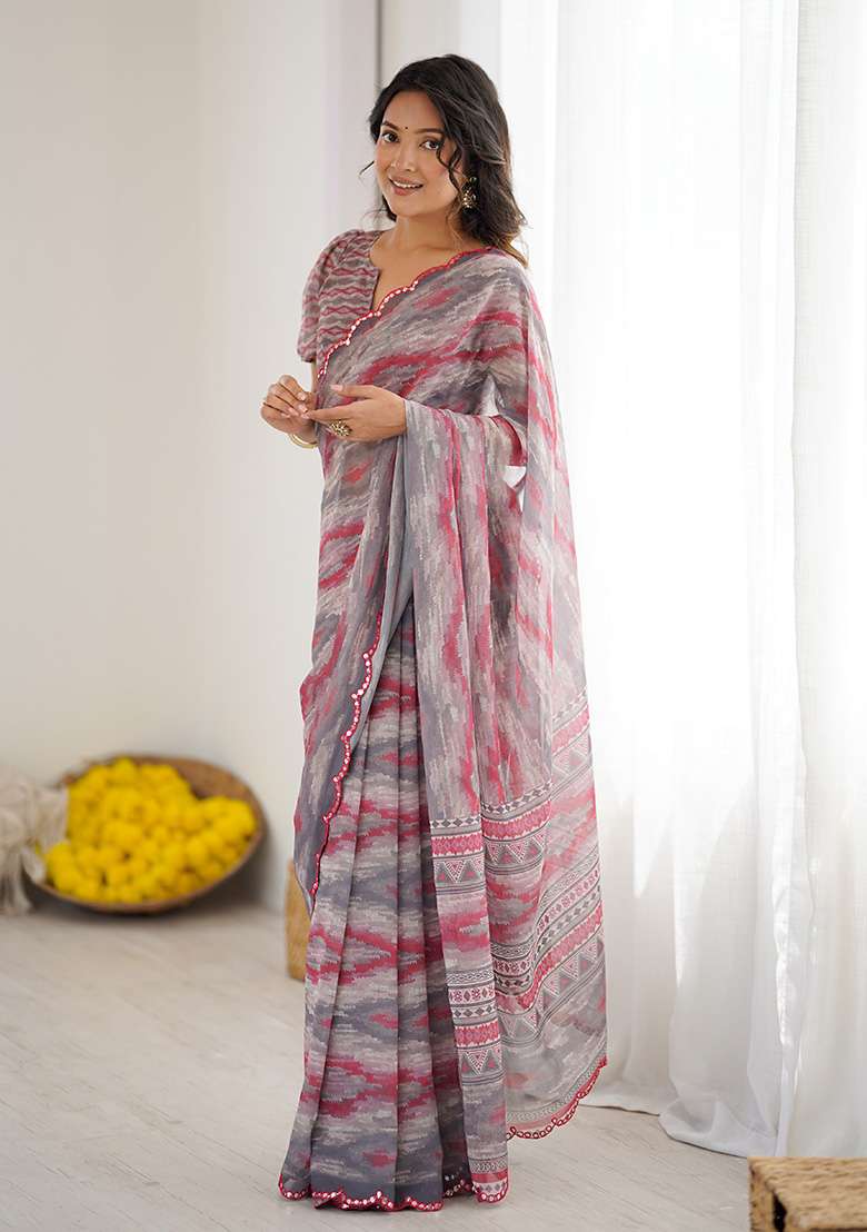 Grey Embroidery Silk Blend Saree Set for Diwali and Festive Wear - Indya