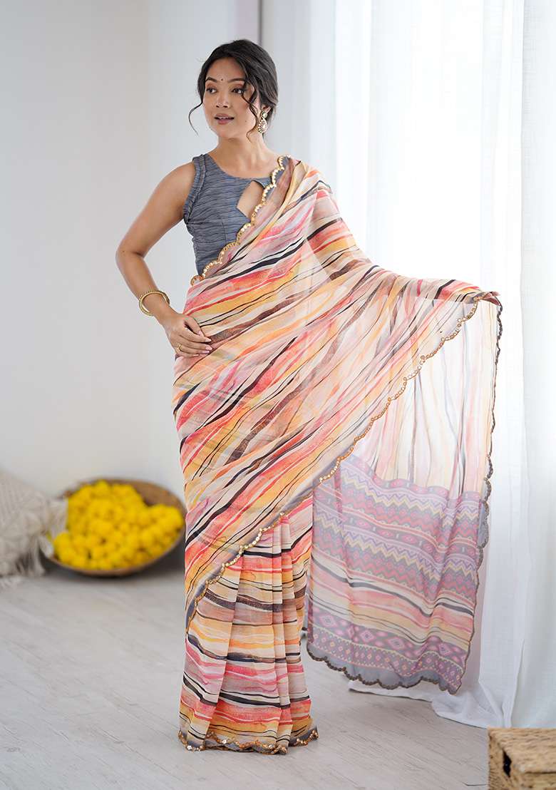 Orange Silk Blend Saree Set with Embroidery for Diwali | Wedding & Festive Wear - Indya