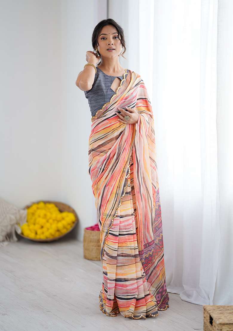 Orange Silk Blend Saree Set with Embroidery for Diwali | Wedding & Festive Wear - Indya