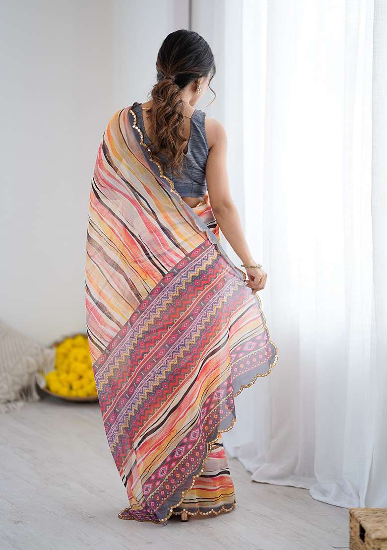 Orange Silk Blend Saree Set with Embroidery for Diwali | Wedding & Festive Wear - Indya