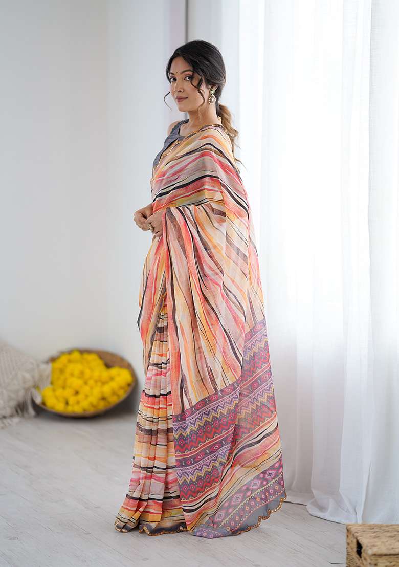 Orange Silk Blend Saree Set with Embroidery for Diwali | Wedding & Festive Wear - Indya