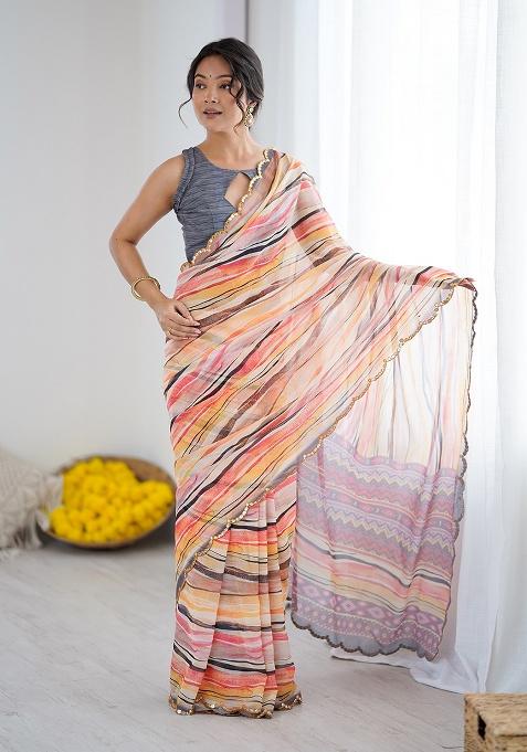 Orange Embroidery Silk Saree Set