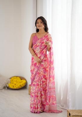 Pink Embroidery Silk Blend Saree Set