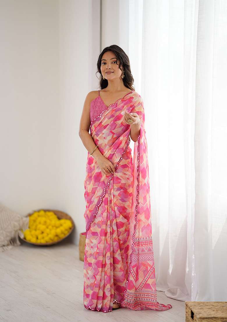 Pink Silk Blend Saree Set with Embroidery for Diwali | Wedding & Festive Wear - Indya