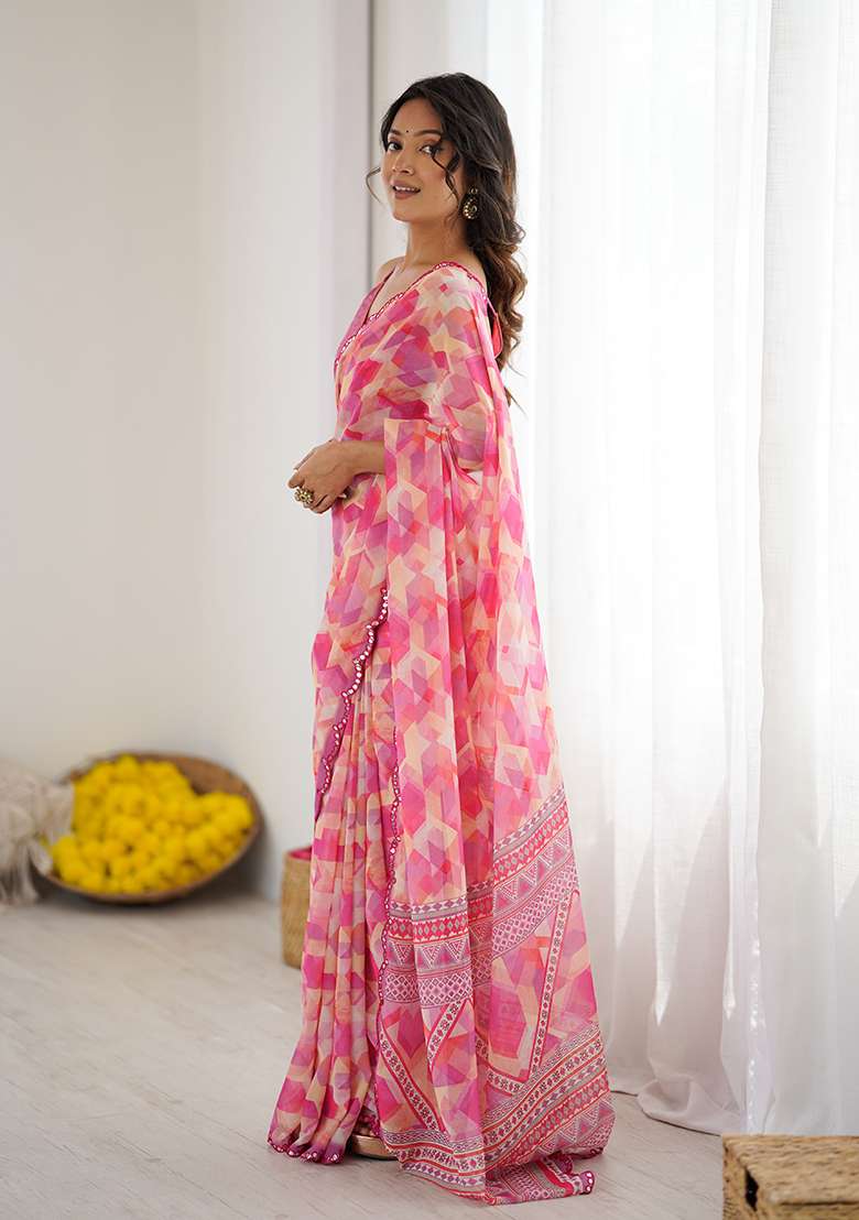 Pink Silk Blend Saree Set with Embroidery for Diwali | Wedding & Festive Wear - Indya