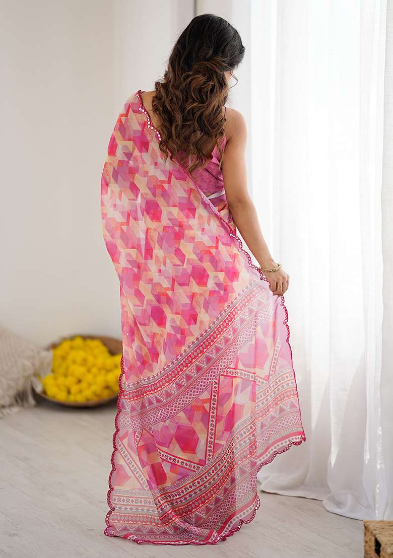 Pink Silk Blend Saree Set with Embroidery for Diwali | Wedding & Festive Wear - Indya