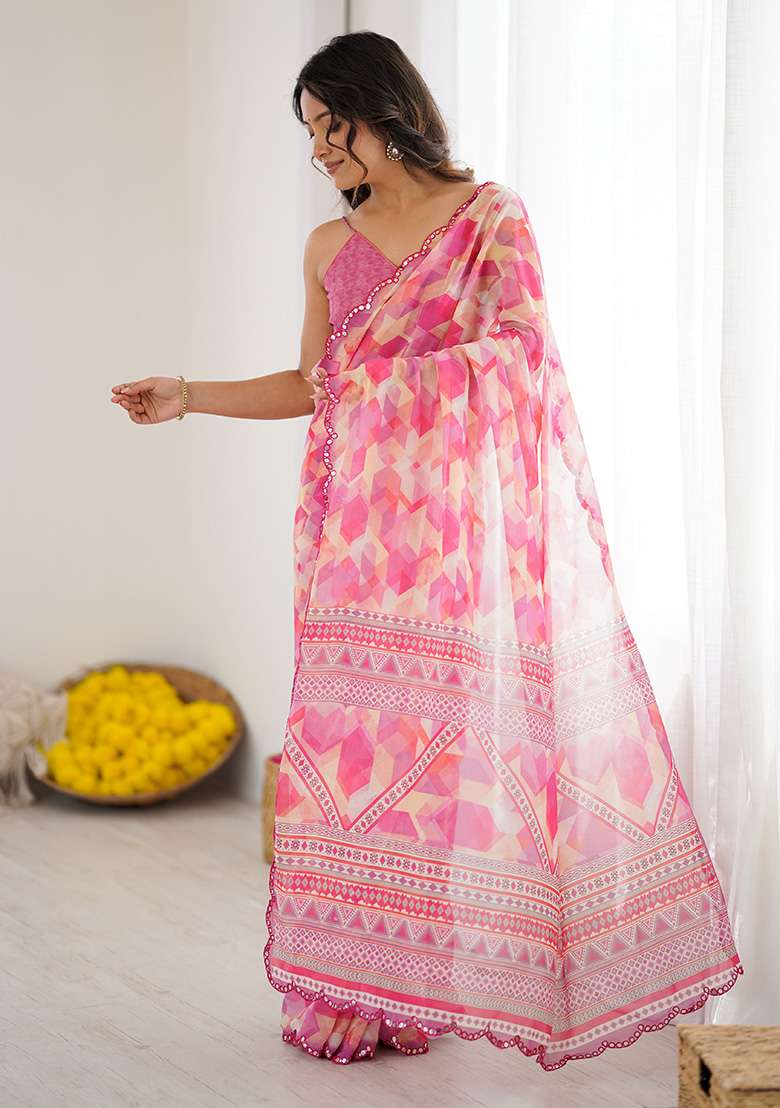 Pink Silk Blend Saree Set with Embroidery for Diwali | Wedding & Festive Wear - Indya