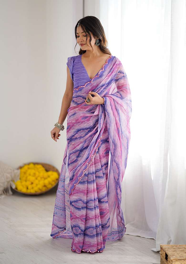 Purple Silk Blend Saree Set with Embroidery for Diwali | Wedding & Festive Wear - Indya
