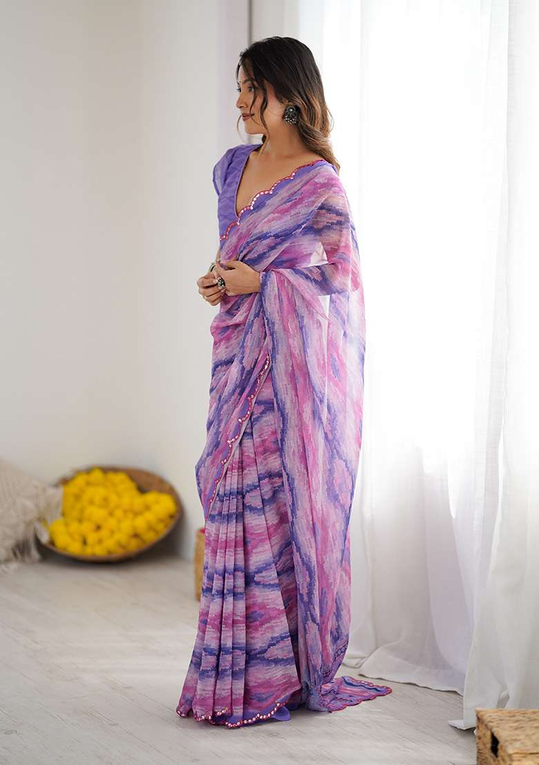 Purple Silk Blend Saree Set with Embroidery for Diwali | Wedding & Festive Wear - Indya