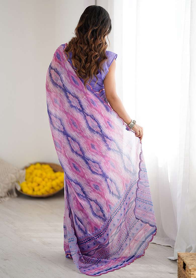Purple Silk Blend Saree Set with Embroidery for Diwali | Wedding & Festive Wear - Indya