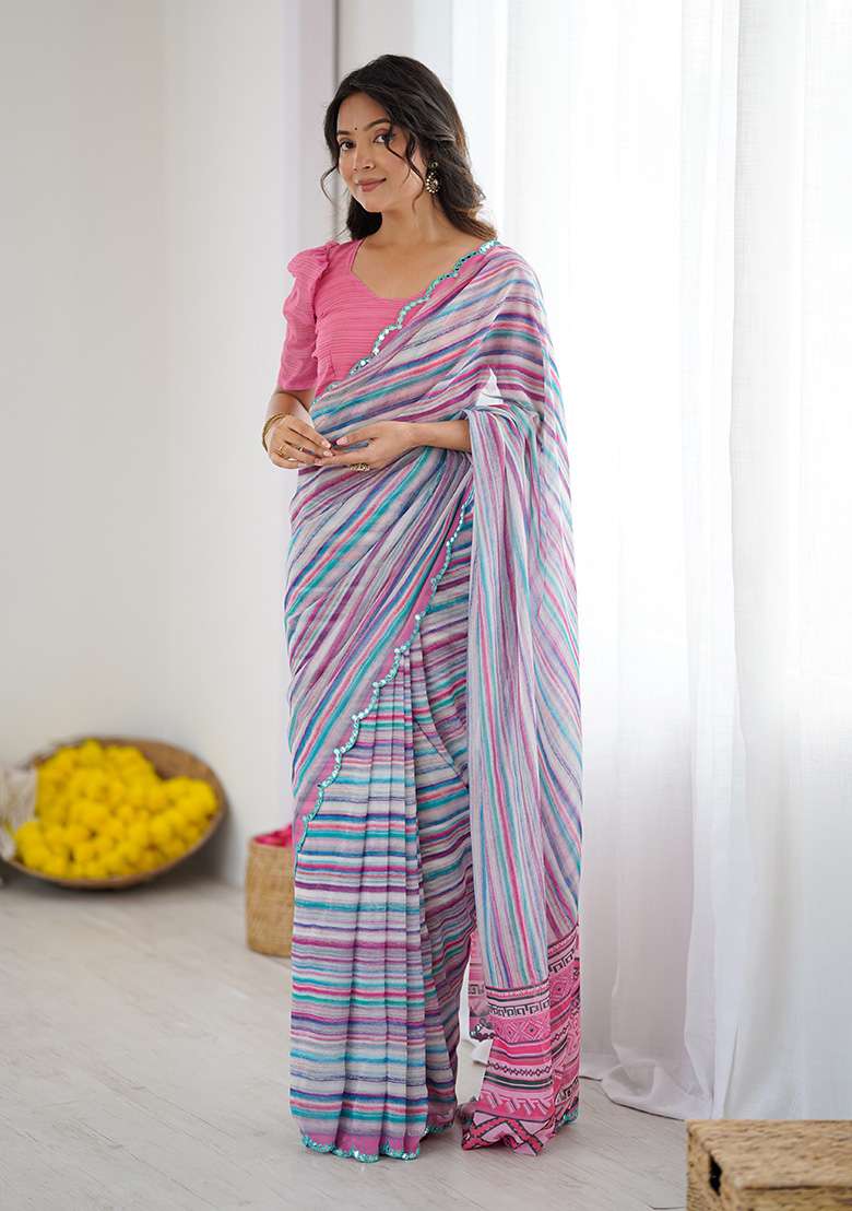 Sky Blue Silk Blend Saree Set with Embroidery for Diwali | Wedding & Festive Wear - Indya