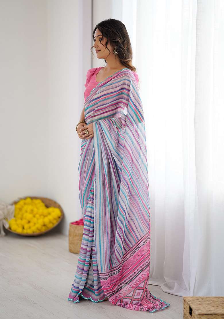 Sky Blue Silk Blend Saree Set with Embroidery for Diwali | Wedding & Festive Wear - Indya