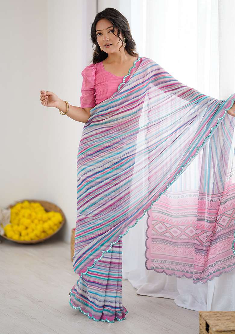 Sky Blue Silk Blend Saree Set with Embroidery for Diwali | Wedding & Festive Wear - Indya