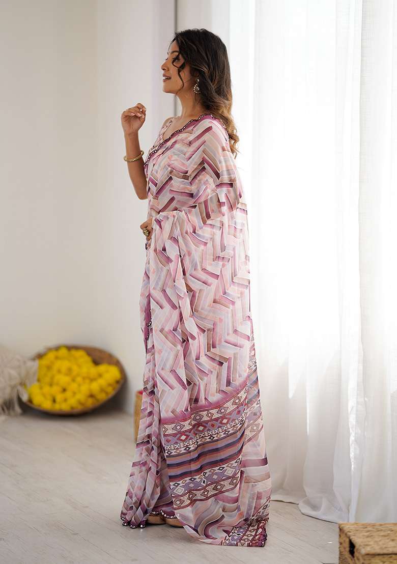 White Embroidery Silk Blend Saree Set for Diwali and Festive Wear - Indya