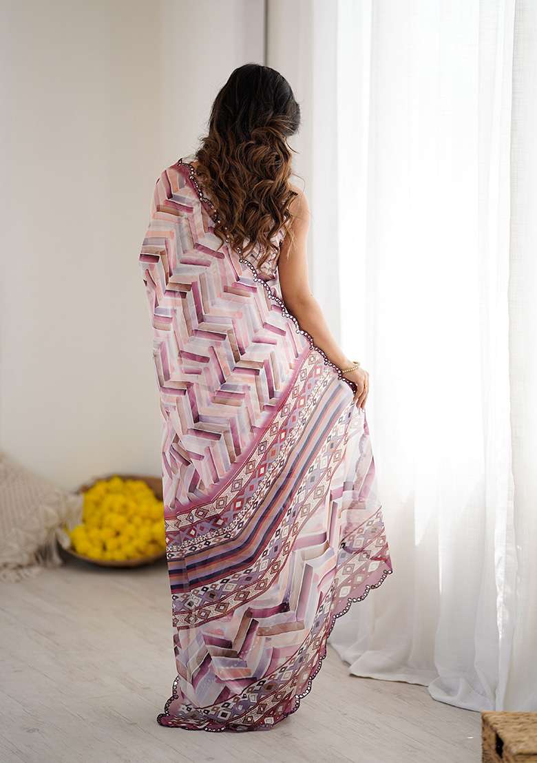 White Embroidery Silk Blend Saree Set for Diwali and Festive Wear - Indya