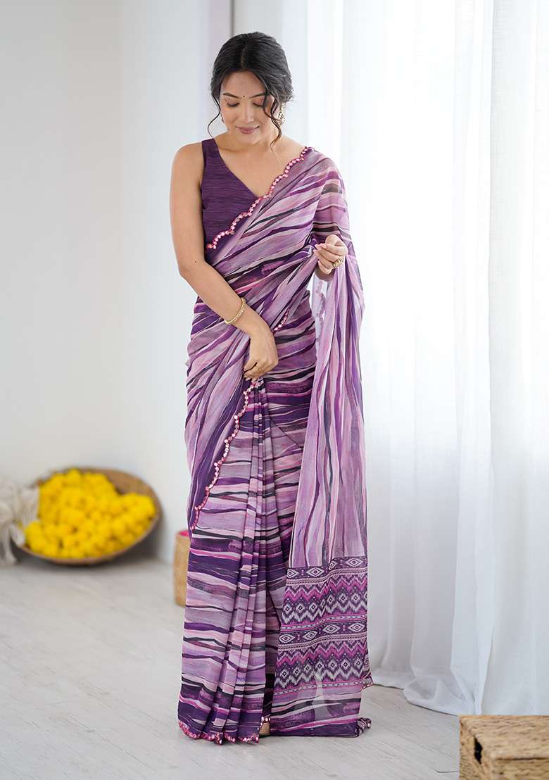 Wine Silk Blend Saree Set with Embroidery for Diwali | Wedding & Festive Wear - Indya