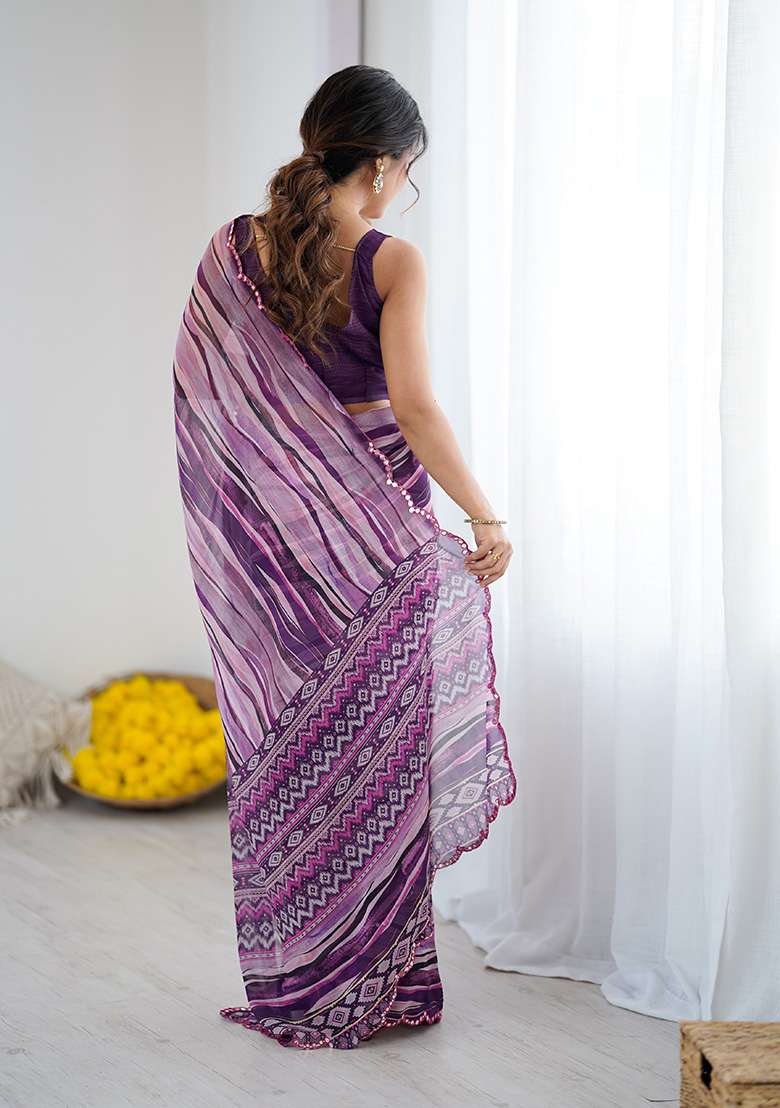 Wine Silk Blend Saree Set with Embroidery for Diwali | Wedding & Festive Wear - Indya