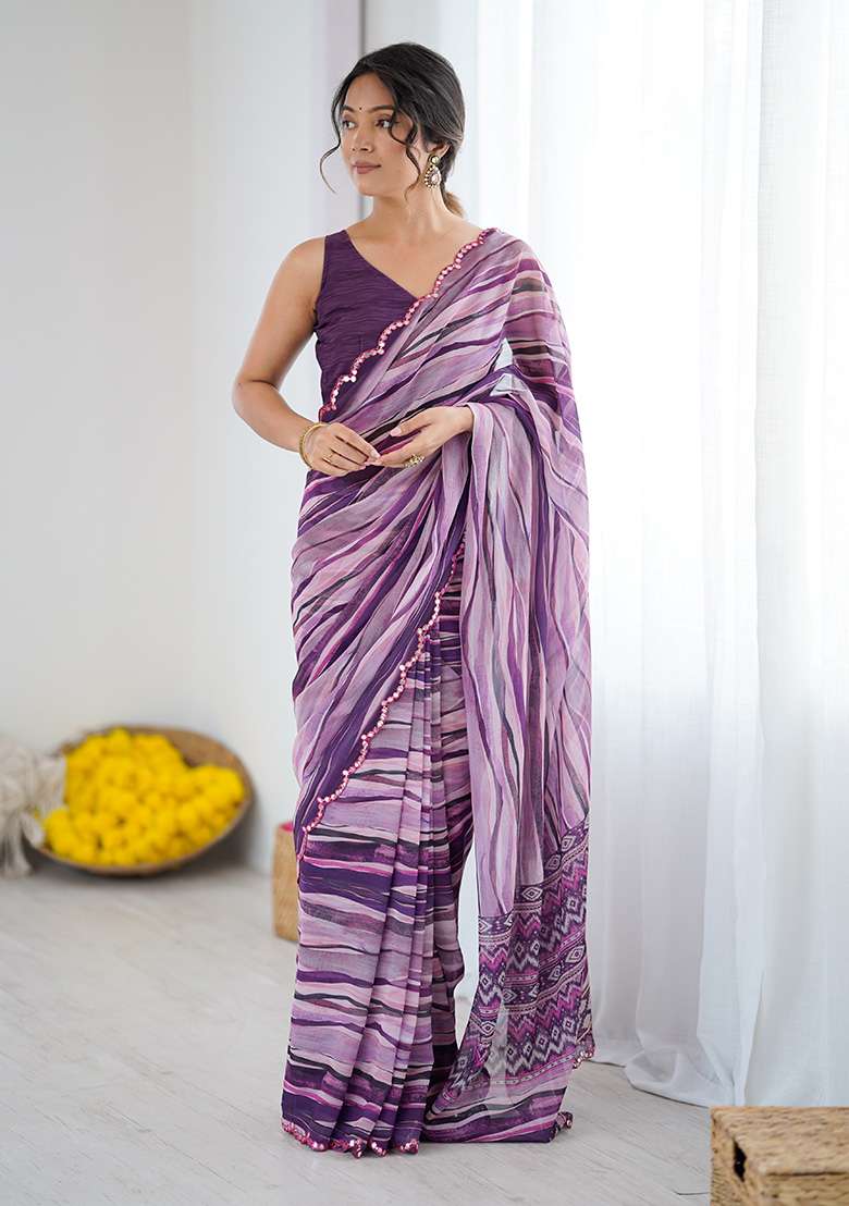 Wine Silk Blend Saree Set with Embroidery for Diwali | Wedding & Festive Wear - Indya